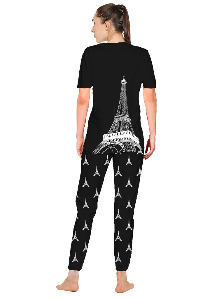 Blacksmith Women's Stretchable Cotton Night Suit for Women - Black,Blue And Green Eiffel Tower Print Design - Blacksmith Fashion