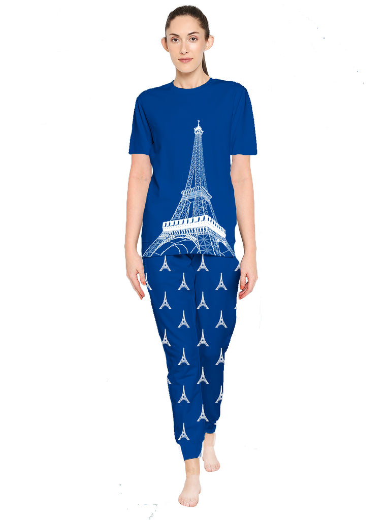 Blacksmith Women's Stretchable Cotton Night Suit for Women - Black,Blue And Green Eiffel Tower Print Design - Blacksmith Fashion