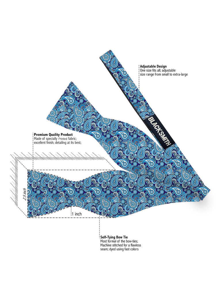 Blacksmith Blue Paisley Satin Adjustable Self Tie Open Bowtie for Men - Self Tie Bowties