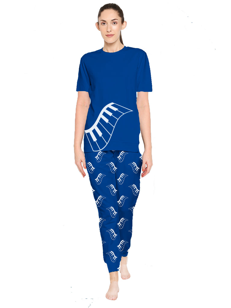 Blacksmith Women's Stretchable Cotton Night Suit for Women - Black And Blue Piano Print Design - Blacksmith Fashion