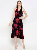 Blacksmith Black With Red Floral Design Printed Women Party Wear Sleeveless Dress.