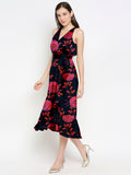 Blacksmith Black With Red Floral Design Printed Women Party Wear Sleeveless Dress.