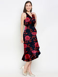 Blacksmith Black With Red Floral Design Printed Women Party Wear Sleeveless Dress.