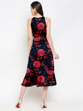 Blacksmith Black With Red Floral Design Printed Women Party Wear Sleeveless Dress.