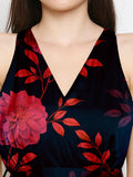 Blacksmith Black With Red Floral Design Printed Women Party Wear Sleeveless Dress.