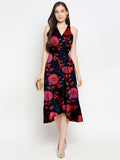 Blacksmith Black With Red Floral Design Printed Women Party Wear Sleeveless Dress.