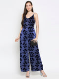 Blacksmith|Blacksmith Fashion|Blacksmith Navy Blue With Black Flower Printed Women's Party Wear Jumpsuit Blacksmith Stylish and Latest Jumpsuits