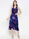 Blacksmith Navy Blue With Purple Floral Design Printed Women Party Wear Sleeveless Dress.