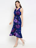 Blacksmith Navy Blue With Purple Floral Design Printed Women Party Wear Sleeveless Dress.