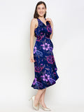 Blacksmith Navy Blue With Purple Floral Design Printed Women Party Wear Sleeveless Dress.