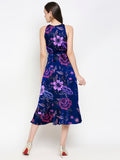 Blacksmith Navy Blue With Purple Floral Design Printed Women Party Wear Sleeveless Dress.