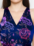 Blacksmith Navy Blue With Purple Floral Design Printed Women Party Wear Sleeveless Dress.