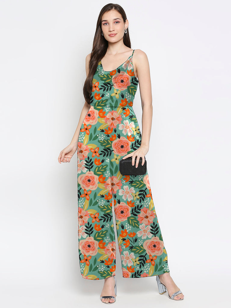 Blacksmith|Blacksmith Fashion|Blacksmith Green With Multicolor Flower Printed Women's Party Wear Jumpsuit Blacksmith Stylish and Latest Jumpsuits