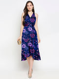 Blacksmith Navy Blue With Purple Floral Design Printed Women Party Wear Sleeveless Dress.