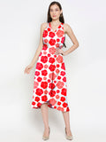 Blacksmith White With Red Floral Design Printed Women Party Wear Sleeveless Dress.