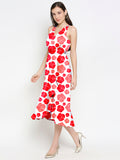 Blacksmith White With Red Floral Design Printed Women Party Wear Sleeveless Dress.