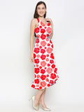 Blacksmith White With Red Floral Design Printed Women Party Wear Sleeveless Dress.