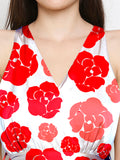 Blacksmith White With Red Floral Design Printed Women Party Wear Sleeveless Dress.