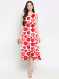 Blacksmith White With Red Floral Design Printed Women Party Wear Sleeveless Dress.