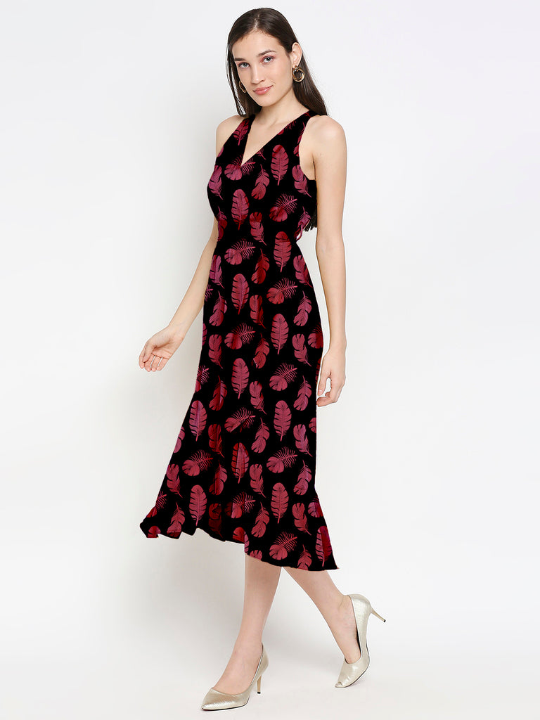 Blacksmith Black With Maroon Floral Design Printed Women Party Wear Sleeveless Dress.