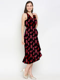 Blacksmith Black With Maroon Floral Design Printed Women Party Wear Sleeveless Dress.