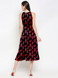 Blacksmith Black With Maroon Floral Design Printed Women Party Wear Sleeveless Dress.