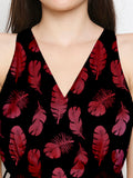 Blacksmith Black With Maroon Floral Design Printed Women Party Wear Sleeveless Dress.