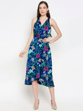 Blacksmith Blue With Floral Design Printed Women Party Wear Sleeveless Dress.