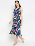 Blacksmith Blue With Floral Design Printed Women Party Wear Sleeveless Dress.