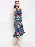 Blacksmith Blue With Floral Design Printed Women Party Wear Sleeveless Dress.