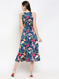 Blacksmith Blue With Floral Design Printed Women Party Wear Sleeveless Dress.