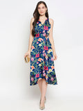 Blacksmith Blue With Floral Design Printed Women Party Wear Sleeveless Dress.