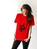 Blacksmith | Blacksmith Fashion | Printed Good Vibes Red And Black 100% Soft Cotton Bio-Washed Top for women's and Girls