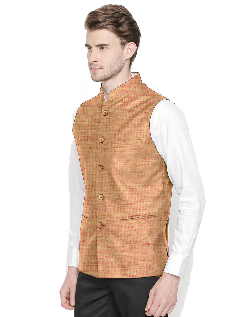 Linen Solid Nehru Jacket In Orange Colour
