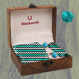 Blacksmith Turquoise Chevron Printed Tie and Pocket Square Set for Men with Natural Stone Cufflink and Matching Flower Lapel Pin for Blazer , Tuxedo or Coat