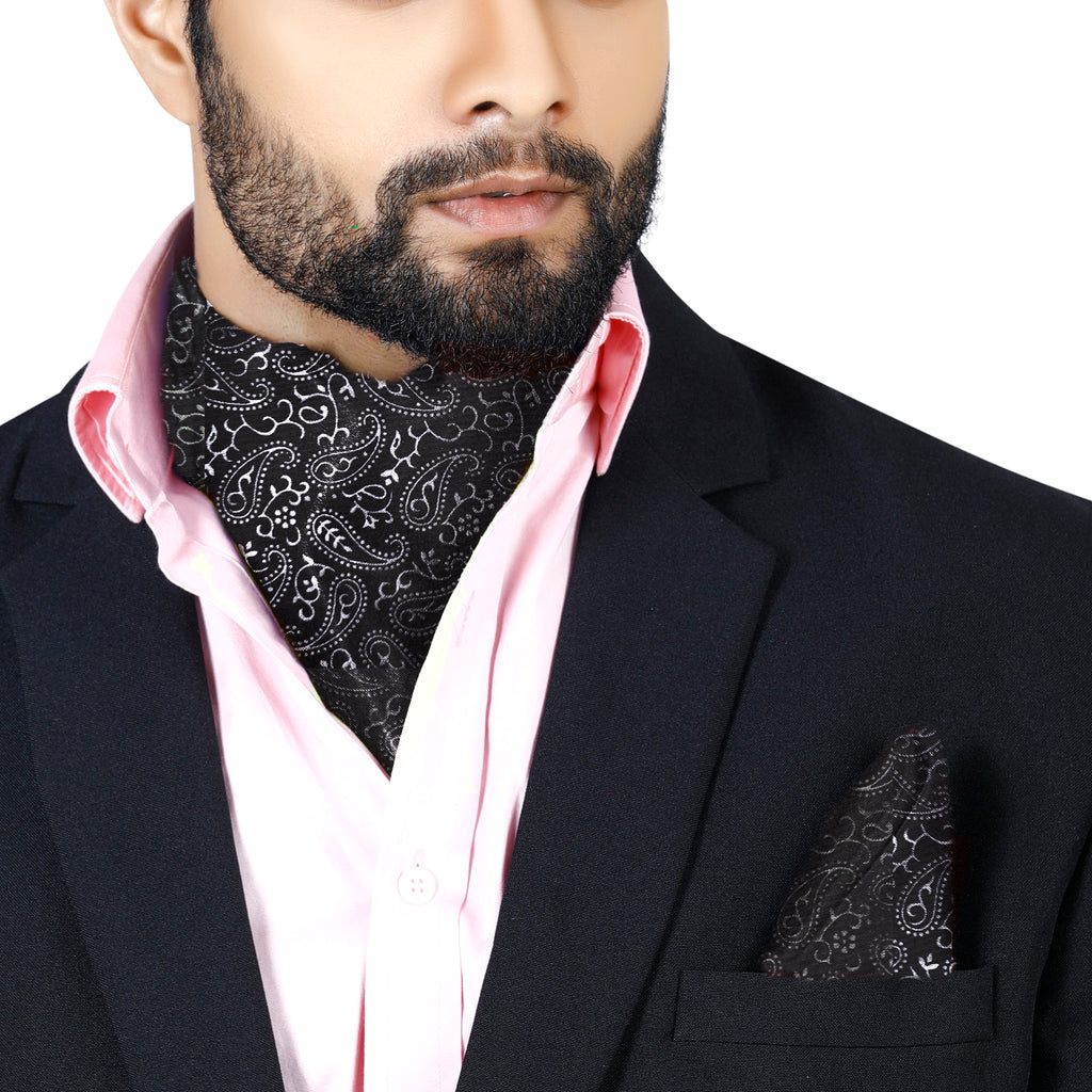 Blacksmith | Blacksmith Fashion | Blacksmith Black Paisley Ascot Neck Scarf And Matching Pocket Square Set For Men. 