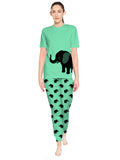 Blacksmith Women's Stretchable Cotton Night Suit for Women - Mint And Orange Elephant Print Design - Blacksmith Fashion