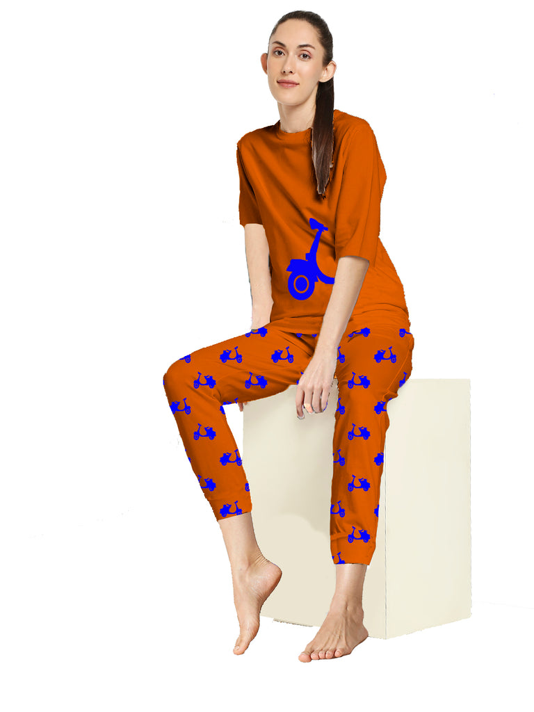 Blacksmith Women's Stretchable Cotton Night Suit for Women - Mint,Blue And Orange Bike Print Design - Blacksmith Fashion