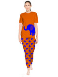 Blacksmith Women's Stretchable Cotton Night Suit for Women - Mint And Orange Elephant Print Design - Blacksmith Fashion