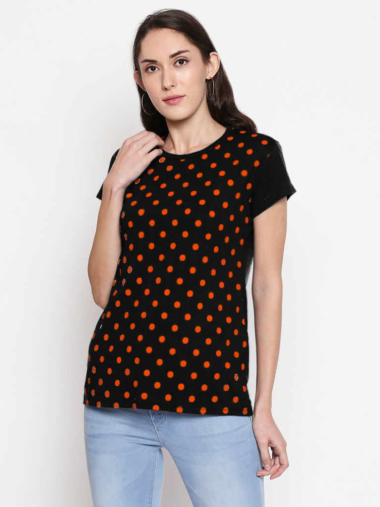 Blacksmith | Blacksmith Fashion | Black And Orange 100% cotton Polka t-shirts for women