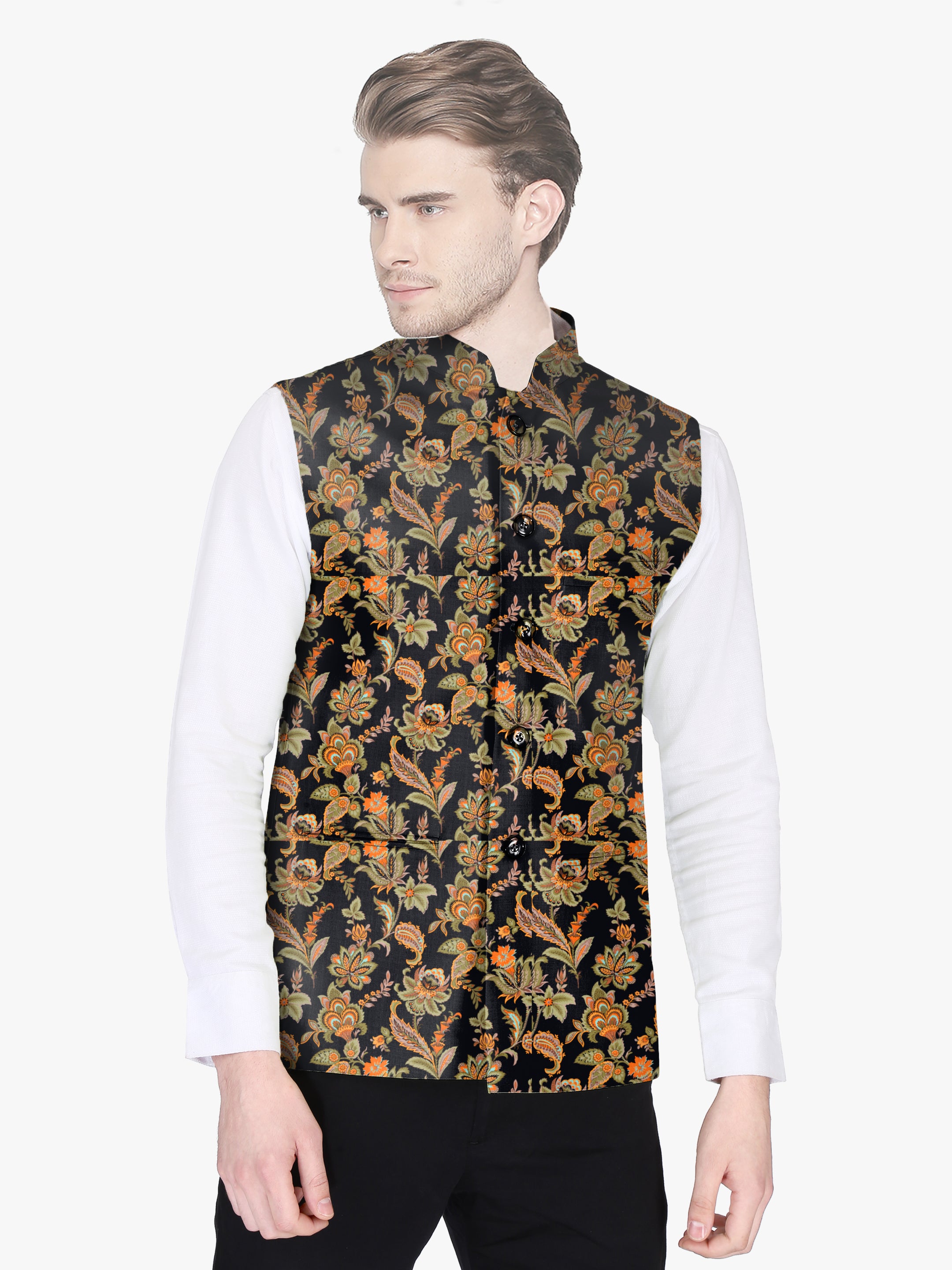 Floral printed nehru jacket with white kurta and pyjama - set of 3 by The  Weave Story | The Secret Label