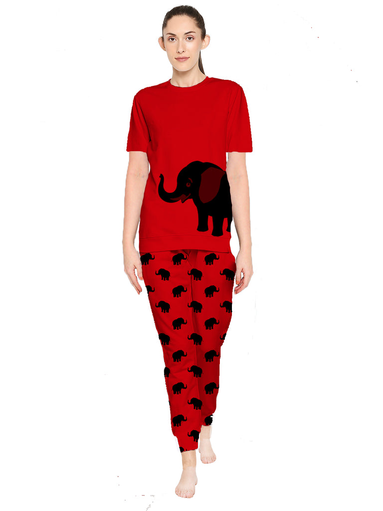 Blacksmith Women's Stretchable Cotton Night Suit for Women - Red,Blue And Black Elephant Print Design - Blacksmith Fashion
