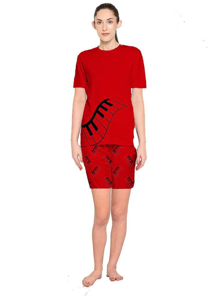Blacksmith Women's Stretchable Cotton Night Suit for Women - Mint,Orange And Red Piano Print Design - Blacksmith Fashion