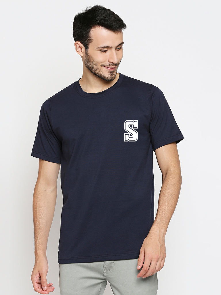 Blacksmith | Blacksmith Fashion | Blacksmith Navy Blue Alphabet S Round Neck Printed T-shirt