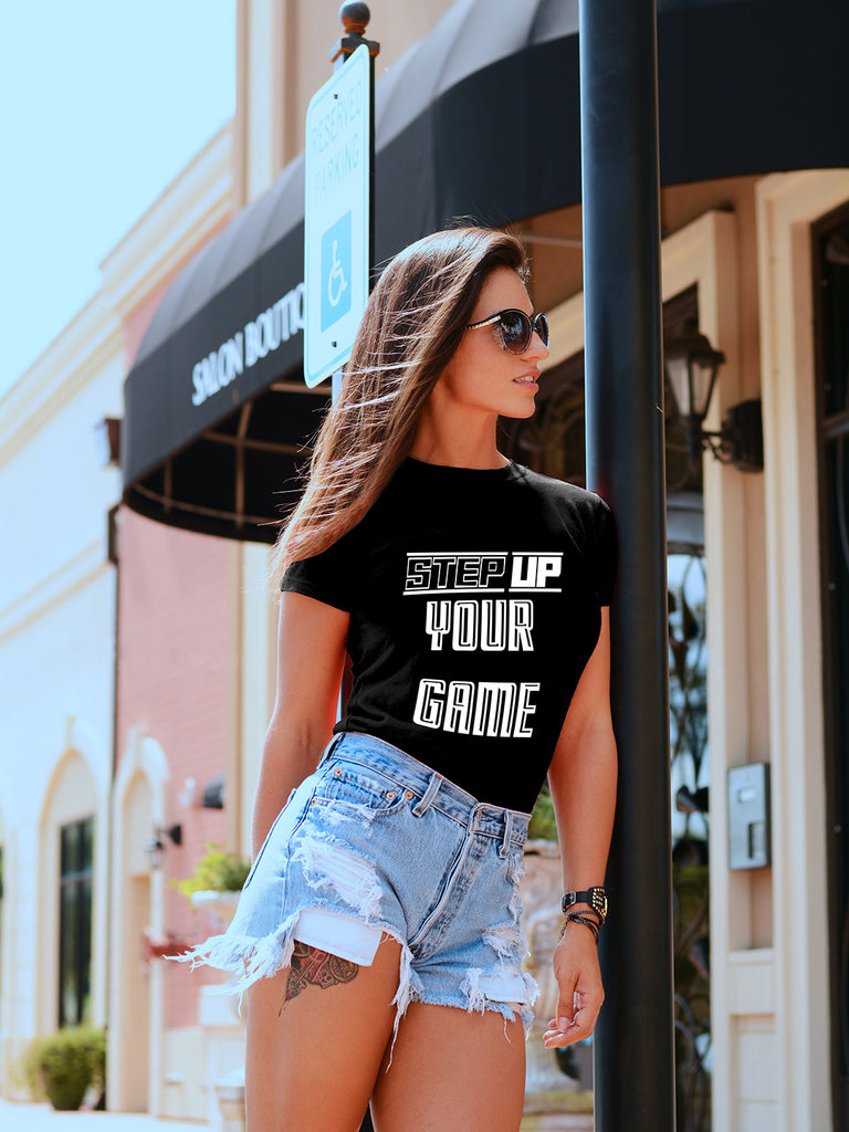 Blacksmith | Blacksmith Fashion | Printed Step Up Your Game Black And White 100% Soft Cotton Bio-Washed Top for women's and Girls