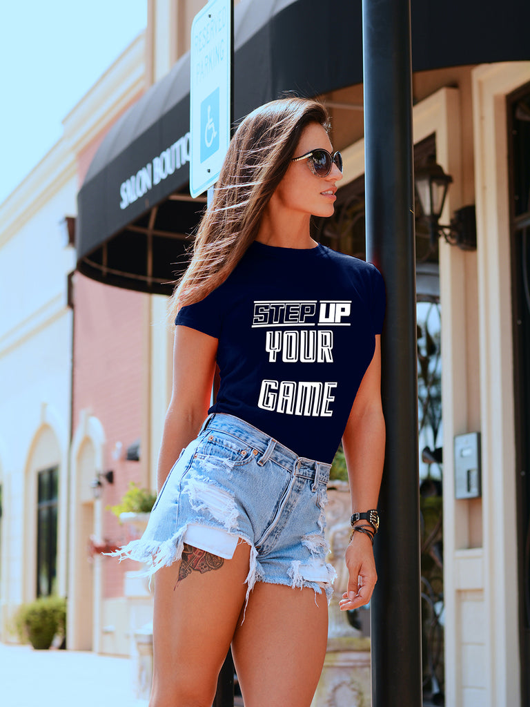 Blacksmith | Blacksmith Fashion | Printed Step Up Your Game Navy Blue And White 100% Soft Cotton Bio-Washed Top for women's and Girls