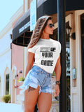 Blacksmith | Blacksmith Fashion | Printed Step Up Your Game White And Black 100% Soft Cotton Bio-Washed Top for women's and Girls
