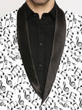 Blacksmith | Blacksmith Fashion | Blacksmith White And Black Musical Note Printed Tuxedo For Men | Blacksmith suit for men.