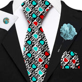 Blacksmith I Love Me White Printed Tie and Pocket Square Set for Men with Natural Stone Cufflink and Matching Flower Lapel Pin for Blazer , Tuxedo or Coat